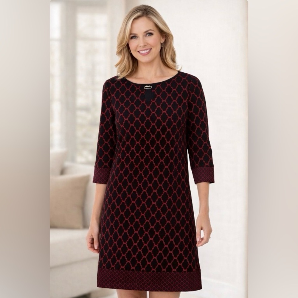 Ronni Nicole black and red geometric print shift women’s midi dress SZ 16